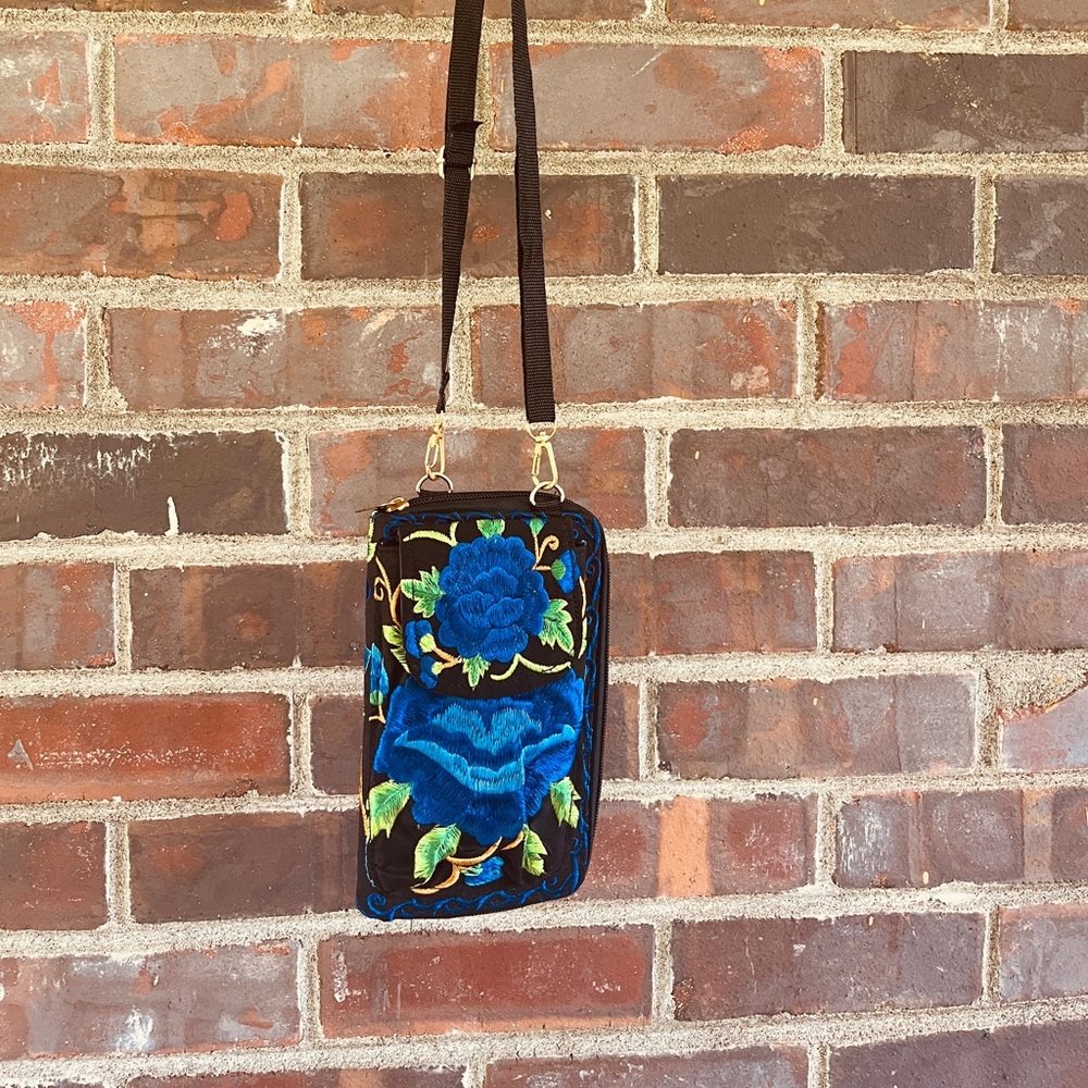 Blue and Black Floral and Bird Embroidered Crossbody w/cell pouch Wallet/Bag